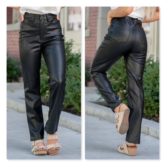 NWT Judy Blue Vegan Leather Straight Leg Pants Tummy Control Black Women 13/31
